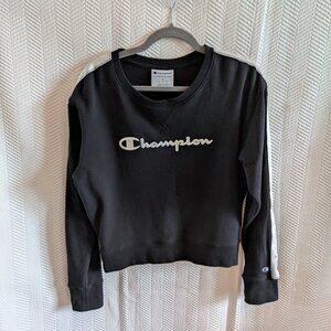 Champion Women's Black Heritage Fleece Crew neck, White Satin Stripe Size Small